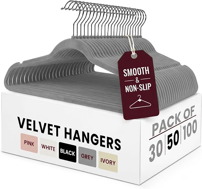 LDC Grey Velvet Hangers 50 Pack - Premium Non-Slip Clothes Coat Pants Felt Hanger for Closet - Heavy Duty Space Saving 360° Swivel Hook Hangars - Grey