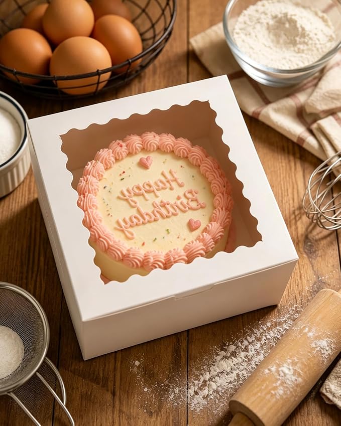 qiqee 10"x10"x5" Cake Box, 36 Sets White Cake Box with Window ＆ 36 Sets 10" White Cake Round Boards, for Cake, Treat Cookie Dessert, Pastry, Birthday Party, Weddings