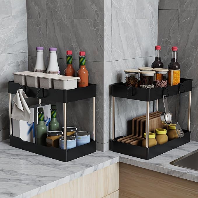 3 Pack Under Sink Organizer Bathroom and Storage Cabinet (Black) | 2 Tier with Hanging Cups for Kitchen