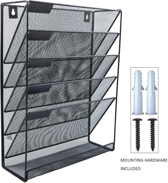 EASEPRES Hanging File Holder Organizer, 6 Tier Mesh Metal Wall Mount Document Letter Tray Organizer for Office Home, Black