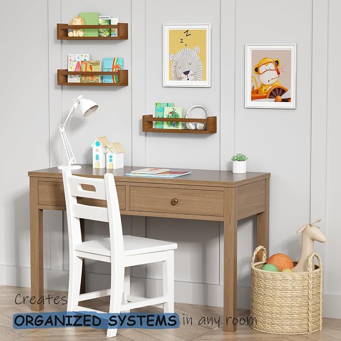 Harwaya Walnut Brown Nursery Book Shelves Wall Mounted, Wooden Floating Bookshelf for Kids Room Bedroom, Dark Wood Nursery Bookshelves for Kitchen Classroom Playroom (Solid Pine, 3-Pack)