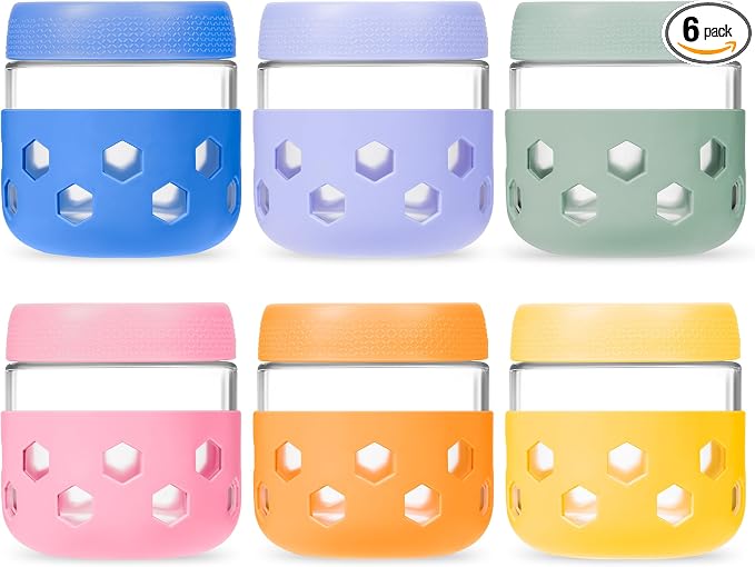 Gemice 6-Pack 10oz Glass Mason Jars with Silicone Sleeves, Airtight BPA-Free Overnight Oats Containers with Lids, Dishwasher Safe Leak-Proof Meal Prep Jars for Chia Pudding, Yogurt, Snacks