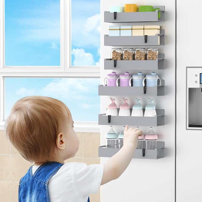 HuggieGems 6 Pack Magnetic Spice Rack Organizer for Refrigerator and Oven, Silver Fridge Organizers and Storage for Kitchen