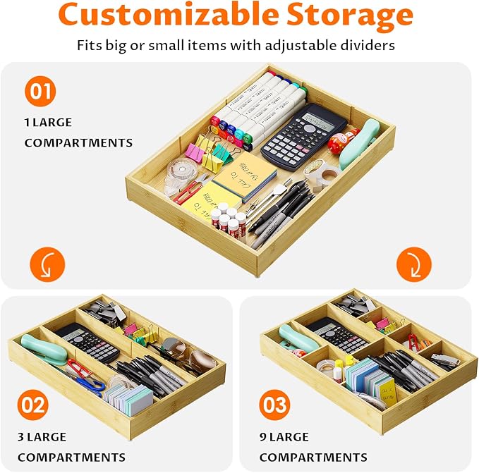Bamboo Drawer Organizer with 9 Adjustable Compartments, Office Desk Organization Tray for Office Utensils, Supplies, Makeup, Jewelry, and More – Ideal for Desk or Drawer Storage