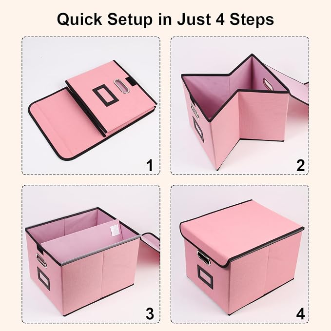 File Storage Box with Lid, 15.55x12.87x10.43 Inches, Foldable Organizer with Handles & Label Slot, for File Storage, Home, Office, and Closet Organization(Pink)