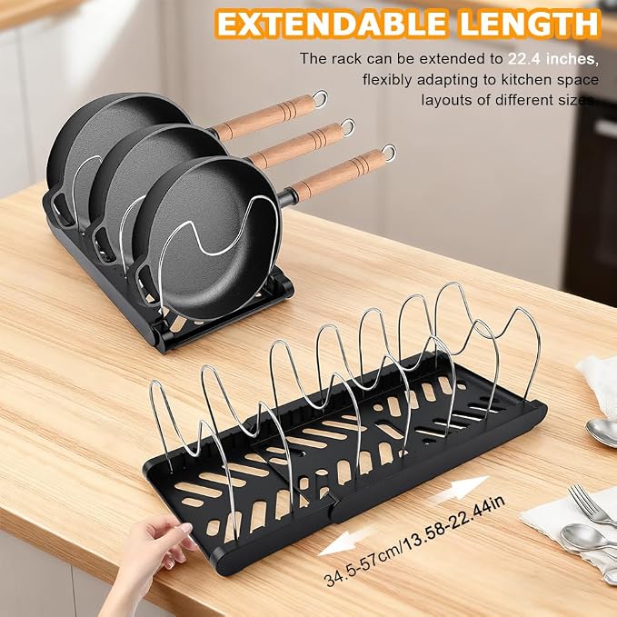 Pots and Pans Organizer for under Cabinet, Expandable Pot Lid Holder with 10 Adjustable Compartment, Pan Organizer Inside Cabinet for Lids & Cookware(COLOR:Black)