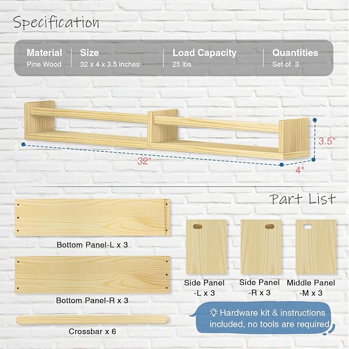 Harwaya Floating Nursery Book Shelves for Wall, 32 Inch Long Bookshelf for Kids Room, Wooden Large Wall Shelf with Hanging Rod for Baby Toddler Child Bedroom (3-Pack, Natural Wood)