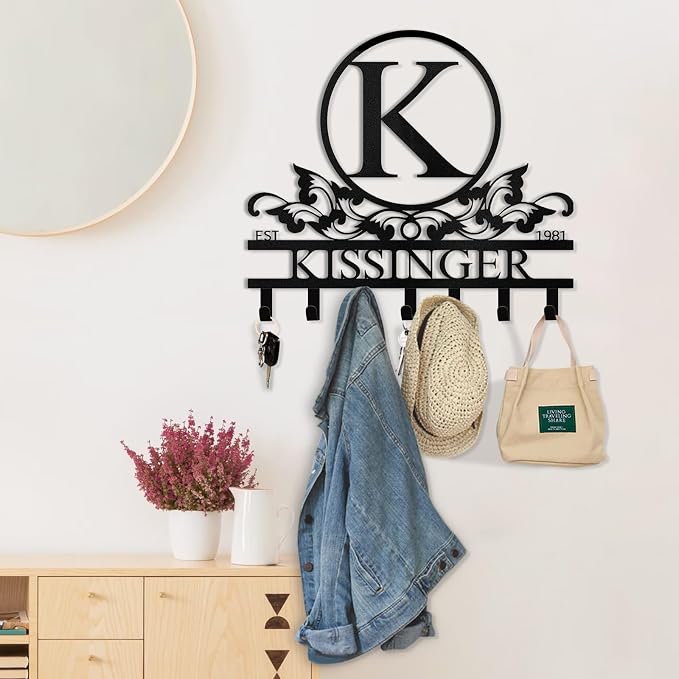 Dyoart Personalized Key Holder Wall Mount - Custom Family Name Key Holder for Wall, Metal Key Rack Hook Organizer, Coat Rack, Key Hanger Wall Decor for Kitchen, Entryway, Hallway, Bedroom