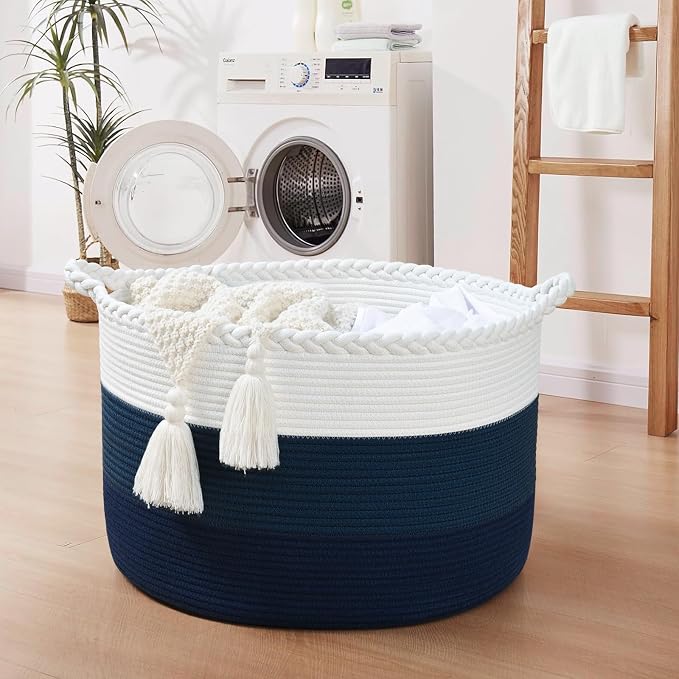67L Large Woven Blanket Basket, Cotton Rope Baby Laundry Hamper with Handles, Kids Toy Basket for Classroom & Nursery, Soft Round Stuffed Animal Storage, Dog Toy Bin - 20"x13", Dark Blue