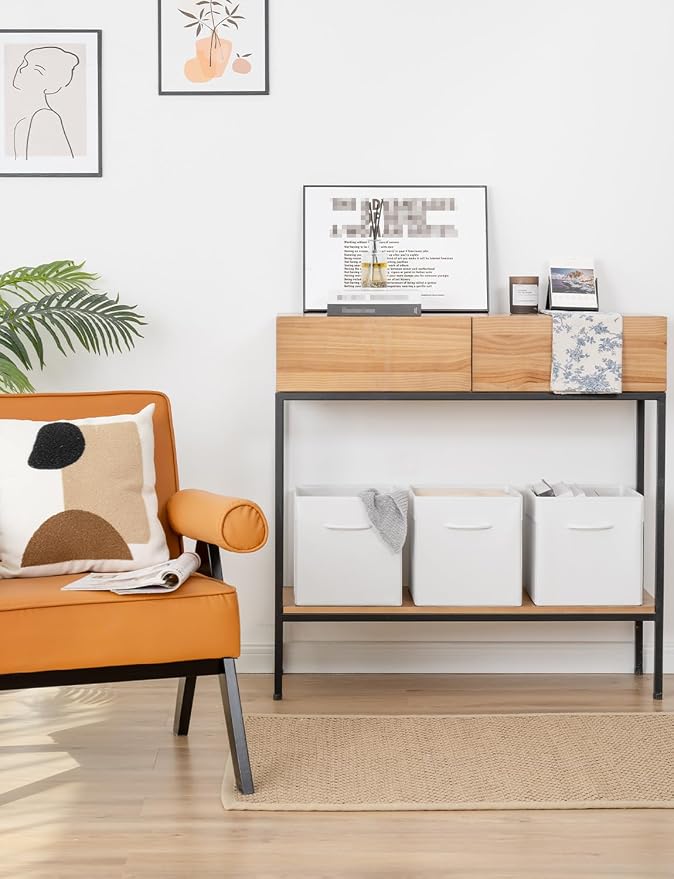 StorageWorks White Storage Cubes, 11-inch Leather Bins with Handle, Cube Organizer Baskets for Shelves and Closet, Collapsible Storage Bins, 4-Pack