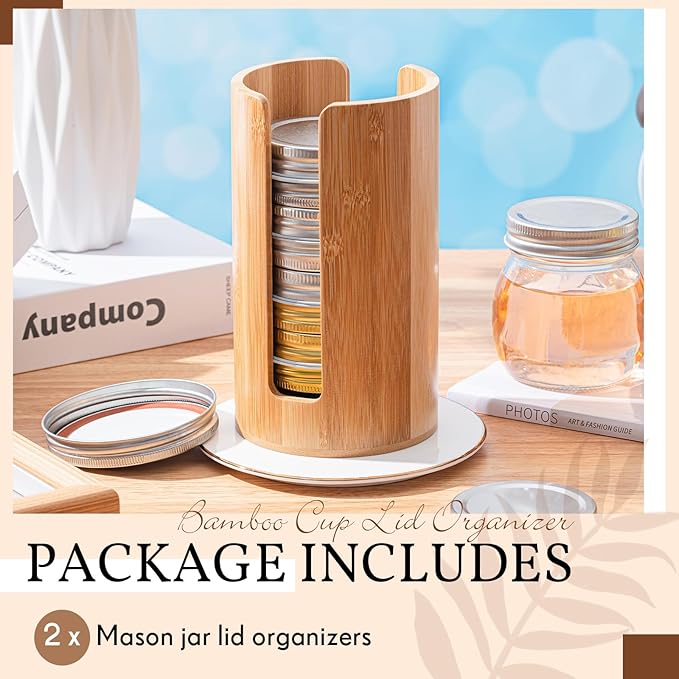 Suclain 2 Pcs Mason Jar Lid Organizer (Only for Wide Mouth) Bamboo Vertical Mason Jar Lid Storage Accessories Tumbler Lids Holder Cup Lids Organizer for Home Kitchen Countertop Cupboard