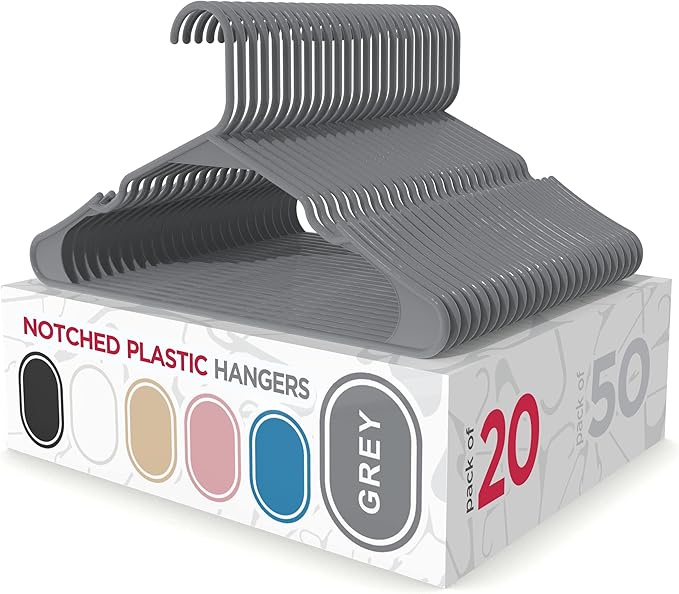 Sharpty Plastic Hangers Clothes Hangers for Clothing, Closet, Coats & Shirts - Notched, Durable & Space Saving - for Everyday Standard Use, Room Essentials & Basics - 20 Pack - Grey