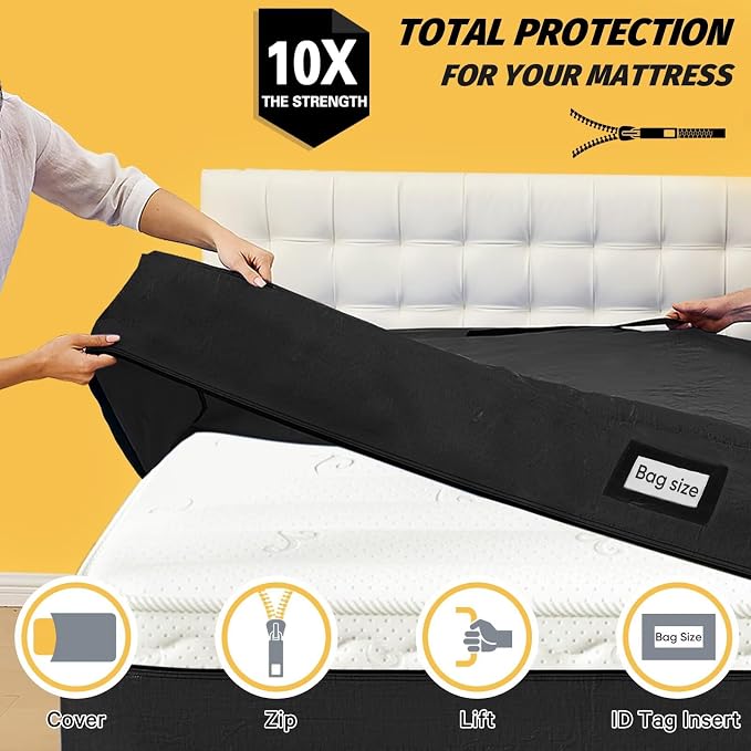 Mattress Bags for Moving and Storage, BETU Waterproof Mattress Protector Full XL Mattress Cover with 8 Heavy Duty Handles and Zipper Extra Thick Moving Supplies for Bed (2 Pack:82x57x13.5 Black)