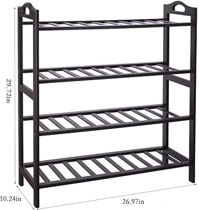 Bamboo Shoe Rack, 4-tier Shoe Shelf with Handle, Open Storage Shelf Organizer, Flower Stand for Entryway, Bathroom, Kitchen, Balcony and Garage, Dark Brown
