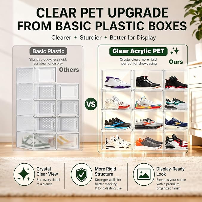Large Clear Acrylic Sneaker Boxes Fits Size 13, Wide Magnetic Door, 12 Pack | Exterior 14.1 x 10.6 x 8.9 in; wide magnetic door for sneakers, high tops, men’s shoes and display storage