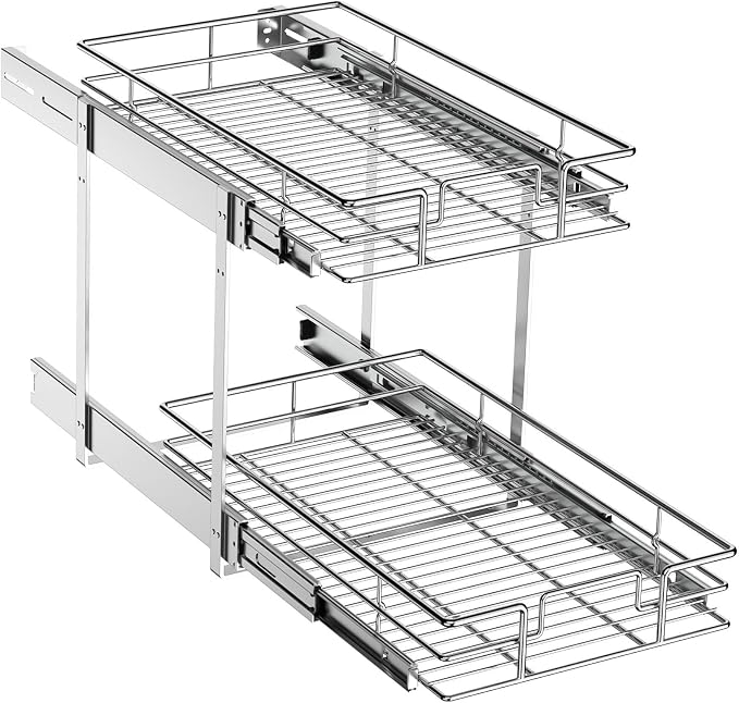 ROOMTEC Pull Out Cabinet Organizer (10½"W x 21½"D),2 Tier Pull Out Storage Shelf Drawer Basket,Sliding Shelves for Base Cabinet Organization in Kitchen, Bathroom, Pantry