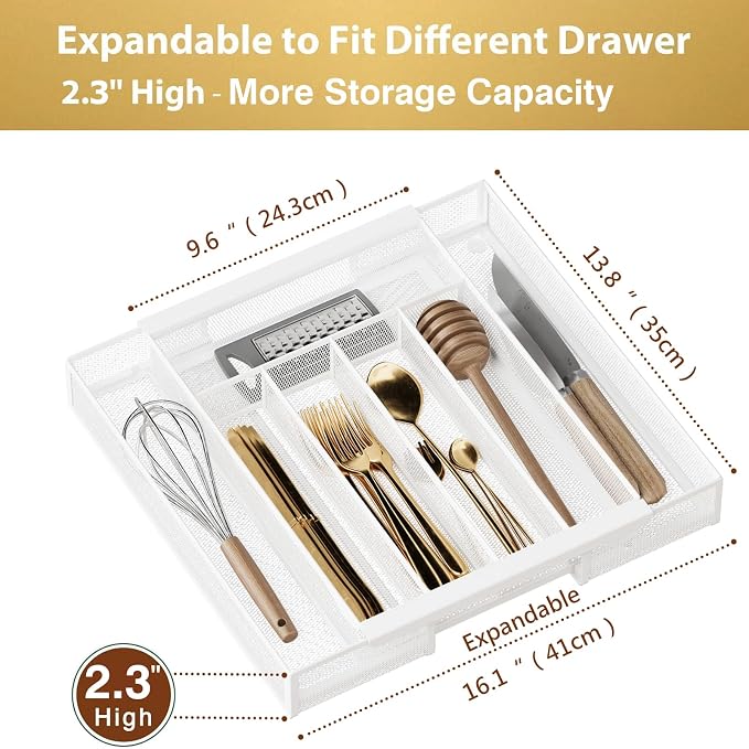 Sedegn Expandable Kitchen Utensil Organizer - 9.6" to 16.1" Adjustable Cutlery Tray with 5-7 Compartments - Fits Various Drawer Sizes & Holds Large Ladles Spatulas Forks Spoons & Knives White