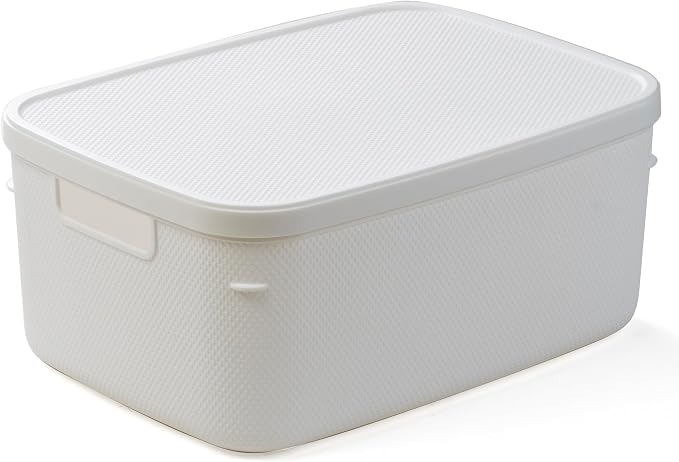 BINO | Plastic Storage Bins with Lids, 13 Liter - 3 Pack, White | THE TWILL COLLECTION | Plastic Bins for Organization | Woven Storage Baskets for Organizing | Pantry Shelf Organizer Basket Bin