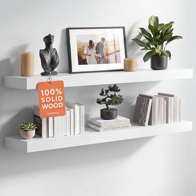 Homeforia White Floating Shelves 36 inch, High End Solid Real Wood 36inch Floating Shelf for Wall Mounted, White Wooden 36in Long Floating Shelves, Heavy Duty Bracket, 36 X 6.5 X 1.75 inches, Set of 3