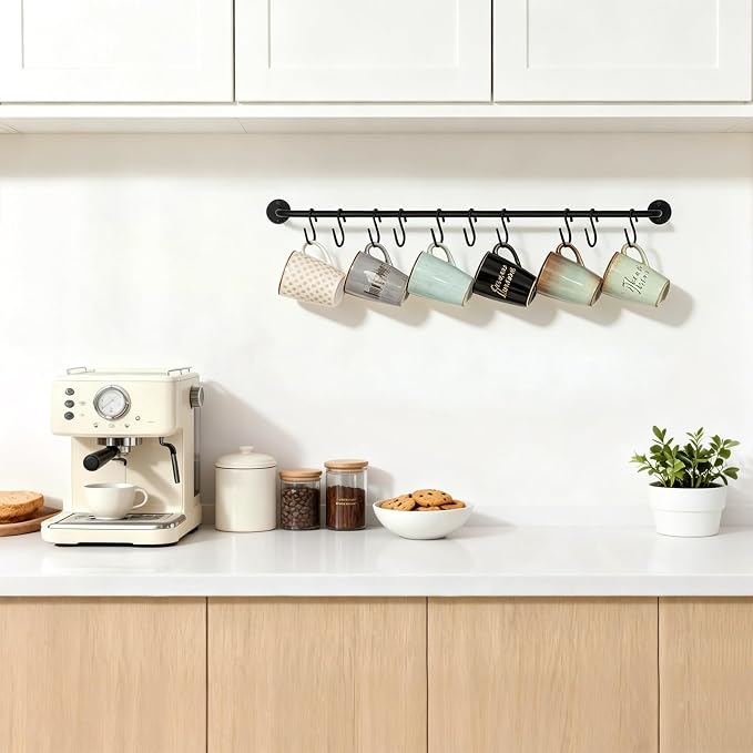 Mkono Mug Holder Wall Mounted Coffee Cup Rack Hanger Modern Metal Wall Rack with 10 Mug Hooks Rustic Utensil Tea Cups Storage Organizer for Kitchen Dining Room Coffee Bar, Set of 2 (1, Large)