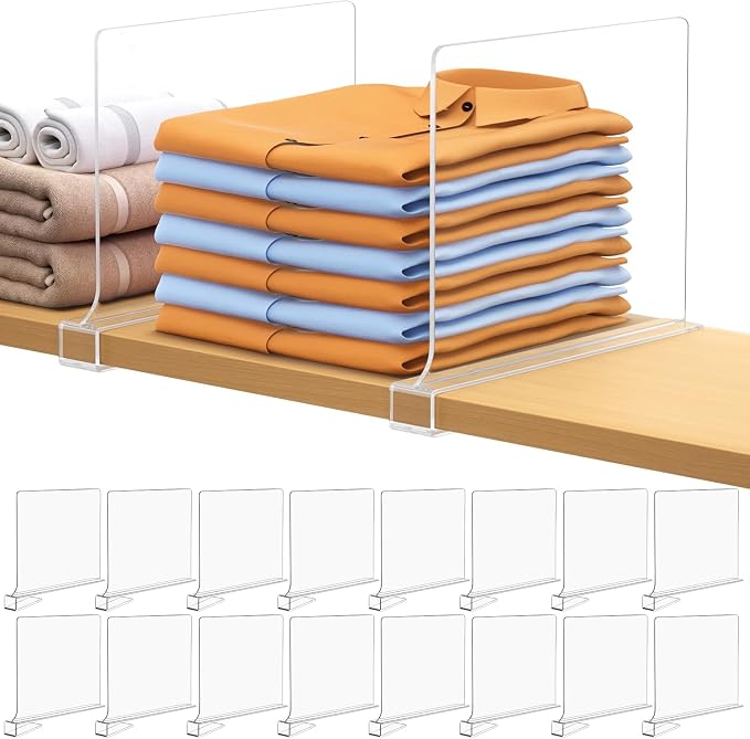 16 PCS Shelf Dividers for Closet Organization Acrylic Clear Closet Shelf Divider for Wooden Shelving Suitable for Wooden or Vertical Shelves Or Bedroom, Kitchen and Office