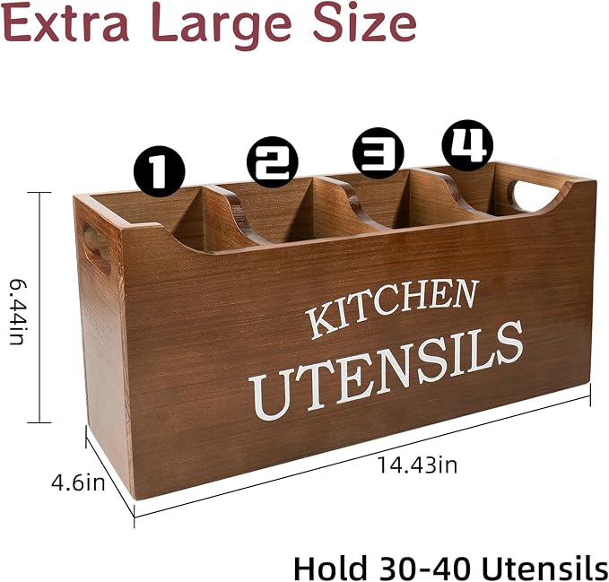 Kitchen Utensil Holder with Drainage Bottom, Extra Large 4 Compartments Solid Real Wood Utensil Organizer for Kitchen Counter, Farmhouse Cooking Tools Storage for Countertop, Brown