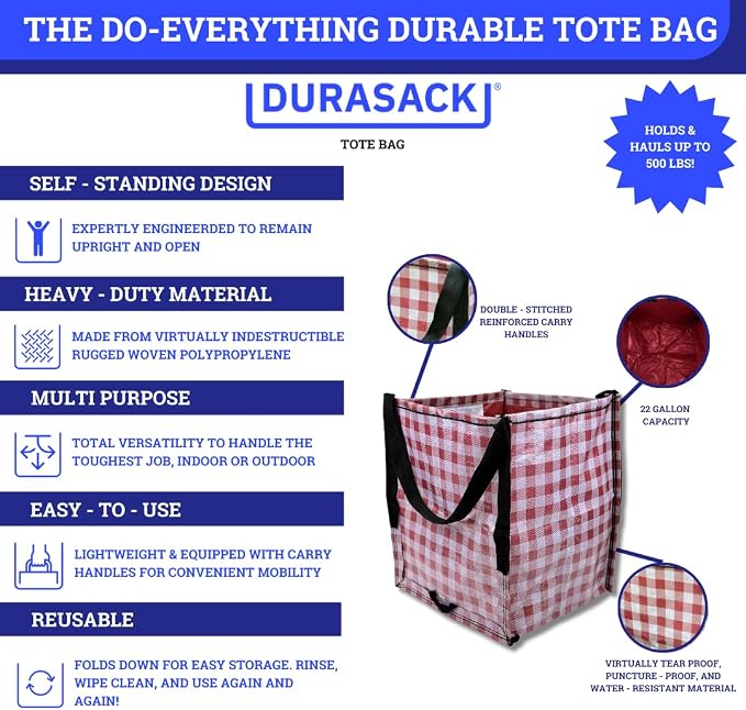 DURASACK Heavy Duty Storage Tote Bag 22-Gallon Rugged Woven Polypropylene Moving Bag, Reusable Self-Standing Design, Holds up to 500 Pounds, Single, Gingham Red