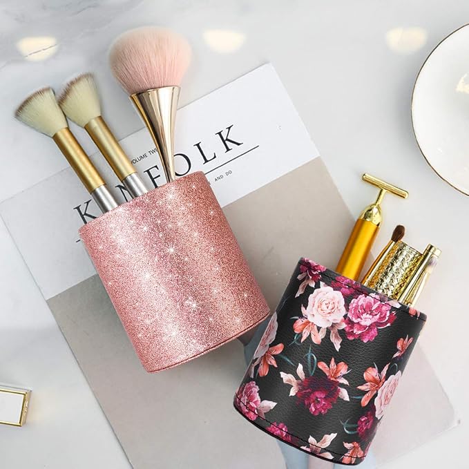 Pen Pencil Holder, WAVEYU Floral Flower Pattern Pen Cup Container PU Leather Desk Organizer Stand Decor Brush Scissor Holder Desk Organizer Decoration for Office Desk Home Decorative, Floral