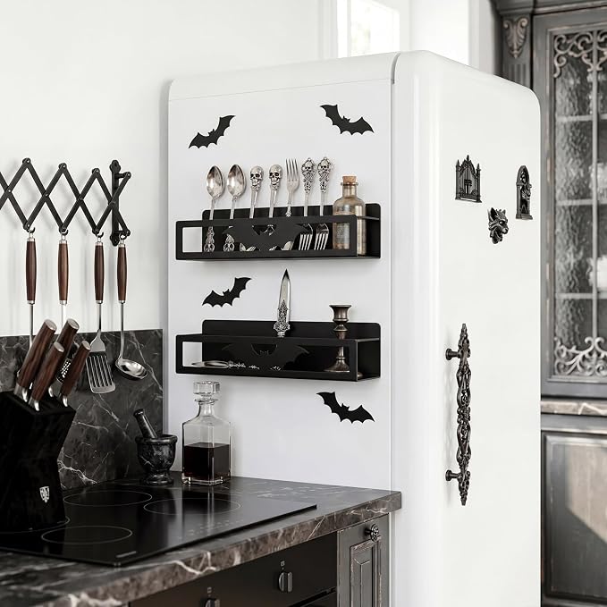 Beeveer 2 Pack Big Bat Magnetic Spice Rack for Refrigerator Metal Magnet Basket Shelf for Fridge Seasoning Storage Organizers Home Decor Kitchen Accessories(Black)