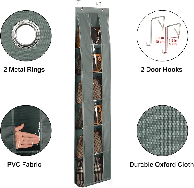 Lirex Over the Door Organizer, 2 Pack Handbag Storage with 6-Tier Space-Saving for Door or Closet, Handbag Hanger, Dark Grey