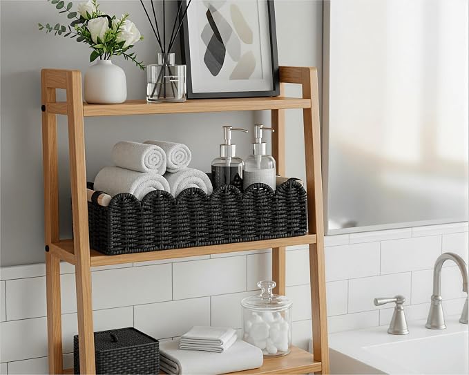 CubesLand Bathroom Basket Organizer, Toilet Tank Paper Storage Baskets 2-Pack, Scalloped Decorative Basket for Countertop w/Handle, Wicker Basket for Bathroom Decor, Home Decor, Living Room, Black