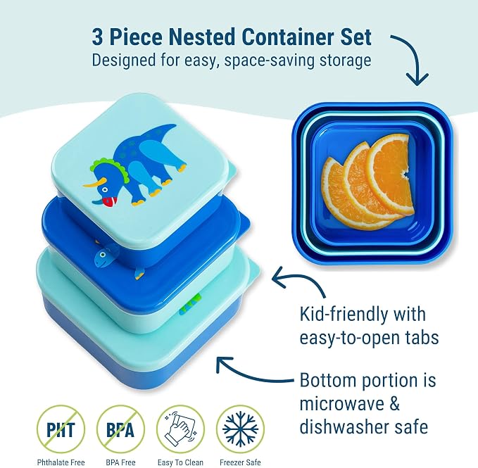 Wildkin Set of 3 Kids Nesting Food Containers for Boys – Stackable, Airtight & BPA-Free Snack Containers, Dishwasher Safe Lunch Box Containers for School & Travel, Ages 3–12 – Dinosaur Land
