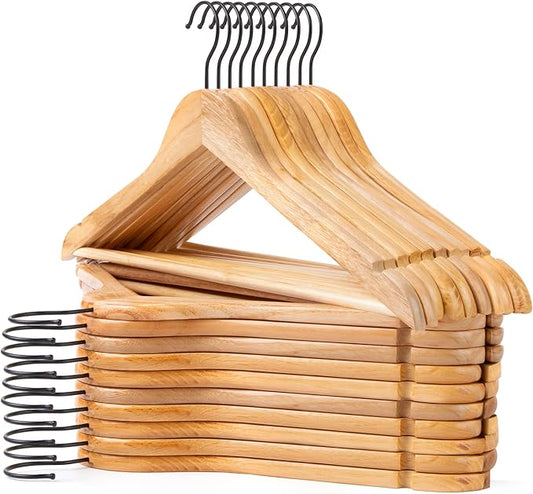 JS HANGER Wooden Hangers 20 Pack, Natural Wood Suit Hangers with Non Slip Shoulder Grooves, Clothes Hangers for Coats, Shirts, Jackets, Pants, Suits
