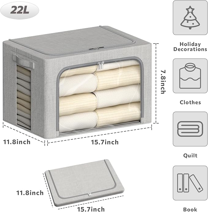 4 Pack Clothes Storage Bins with Metal Frame - 22L Stackable Storage Box with Lid，Foldable Storage Container Organizer for Clothes，Linen Fabric Storage Box with Clear Window＆Zippers＆Handles