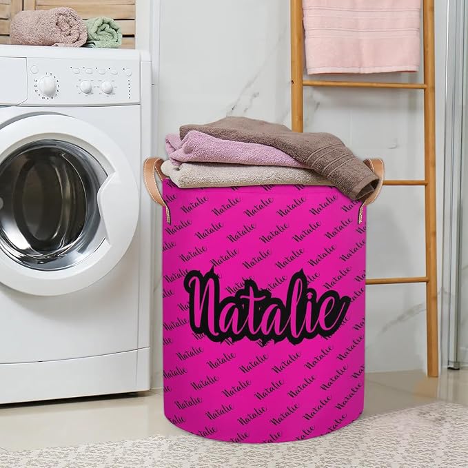 Personalized Laundry Basket, Custom Gift Laundry Hamper, Collapsible Nursery Waterproof Laundry Baskets, Dirty Clothes Toy Hamper with Handles Name Hot Pink Black