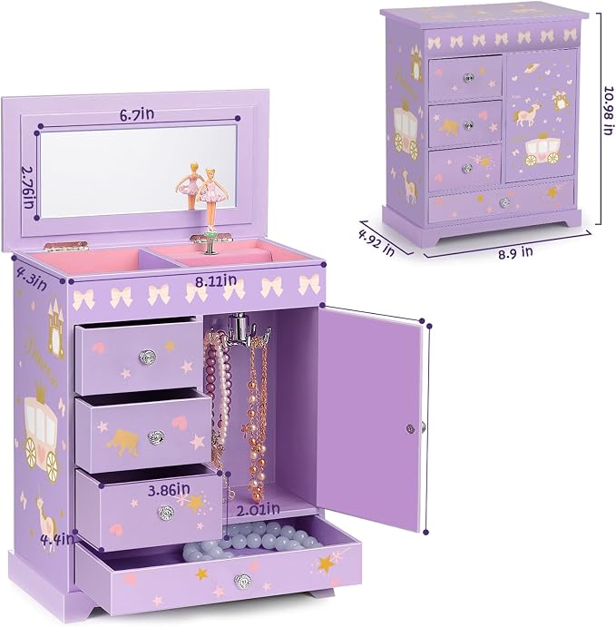 Large Jewelry Box for Girls 5-Layer Music Box with Swing Door Spinning Ballerina Unicorn Necklace & Bracelet Set Children Jewelry Organizer for Girls Kids Birthday Christmas Gift Purple
