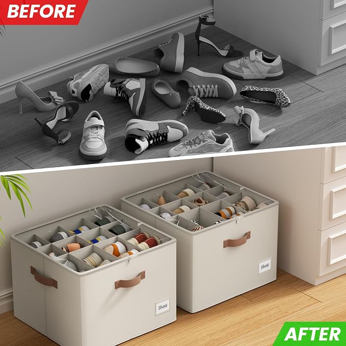 PHINOX Shoe Organizer for Closet, 2 Pack Fabric Shoe Organizer Storage Box, Shoe Storage Containers with Clear Cover, Closet Shoe Storage for Boots Sandals Slippers,Fits 16-32 Pairs, Beige