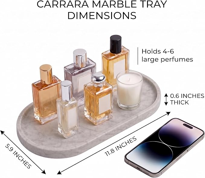 YKAJO Carrara White Gray Oval Marble Tray, 11.8x5.9 Perfume Organizer Dish | Honed natural stone; holds jewelry, rings, keys, candles, trinkets; for dresser, nightstand, bath counter