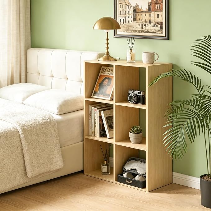 6 Cube Shelf with Anti-Tipping Kits + Reversible Open Back Bookcase, Multi Layer and Multi Grid Partition Layout (Oak 11in)