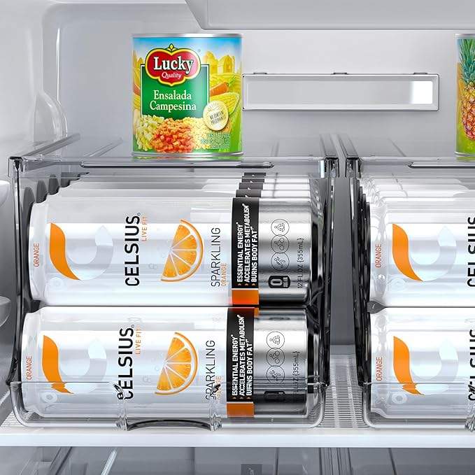 SCAVATA Skinny Can Organizer for Refrigerator, Stackable Tall Skinny Soda Pop Can Holder Dispenser with Lid for Fridge Pantry Rack Freezer, Clear Plastic Storage Bins-Holds 12 Slim Cans (See-through)