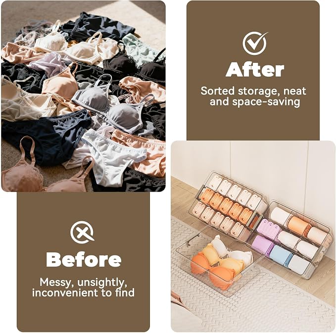 Socks Bra Underwear Drawer Organizer for Closet, 2 PCS Plastic Storage Box with 15 Removable Compartments and Lid, Clear Dresser Drawer Organizer Storage Container with Dividers for Sock Ties Belts