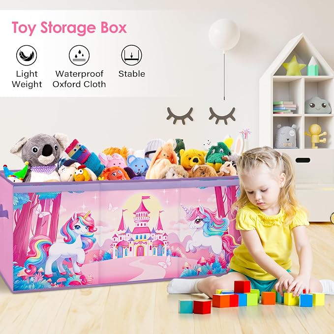 Large Toy Box Chest Organizer with Flip Lid for Kids, Collapsible Oxford Toy Storage Box with Handles for Boys Girls, Sturdy Waterproof Storage Organizer for Bedroom Playroom Nursery, 37.7×12.5×15.7''