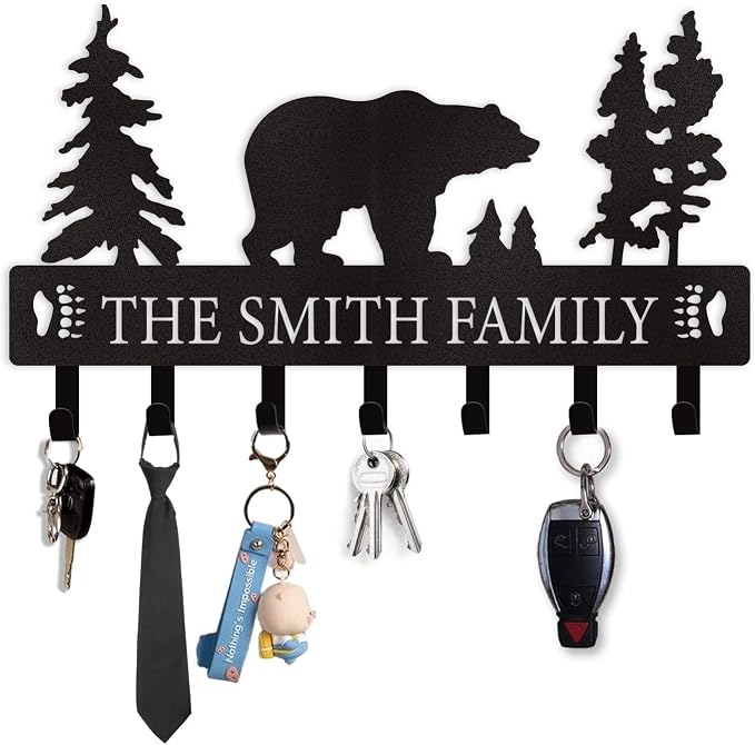 Dyoart Personalized Key Holder for Wall, Custom Metal Black Bear Coat Hook Key Holder with Name, Metal Key Rack Hanger Organizer for Entryway, Front Door, Hallway, Kitchen, Office Decor