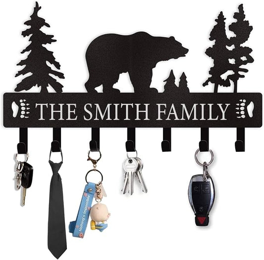 Dyoart Personalized Key Holder for Wall, Custom Metal Black Bear Coat Hook Key Holder with Name, Metal Key Rack Hanger Organizer for Entryway, Front Door, Hallway, Kitchen, Office Decor