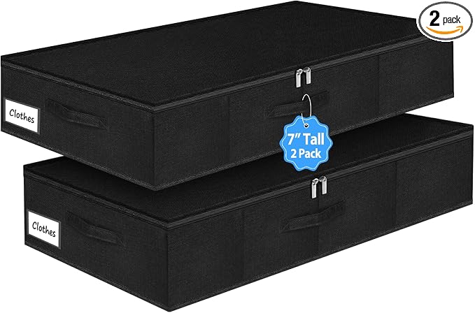 6.7-Inch Tall Under Bed Storage Bin with Zipper, Underbed Storage Container w/Rigid Sides & Bottom, Large Clothes Organizer Box for Bedroom, Dorm, Couch, Dressers, 30x15x6.7 Inches, Black