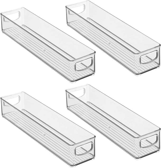 iDesign Slim Clear Plastic Storage Bin, Extra Long Narrow, 4-Pack | Stackable, For Kitchen and Pantry