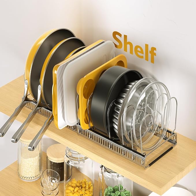 ORDORA Pots and Pans Organizer under Cabinet with Pan Holder: Expandable 11.8"-22.8" Kitchen Cabinet Organizer Rack, 12 Adjustable Dividers Storage for Cookie Sheets, Cutting Boards & Lid, Silver