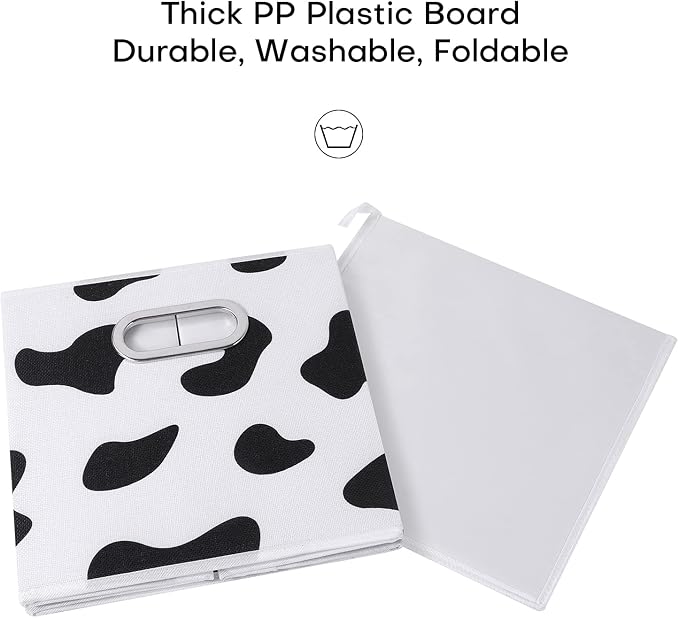 ANMINY Cow Print Cube Storage Bins with Handles, Washable, Collapsible | Cotton Linen Fabric, PP Plastic Board, Animal Print Decor, Storage Basket for Closet Shelf, 11 x 11 x 11 Inch, 2PCS