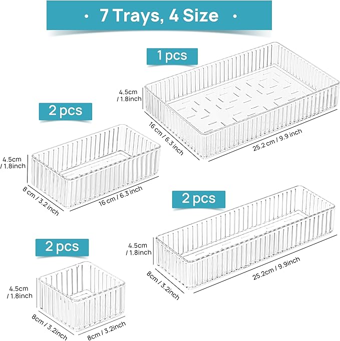 Vtopmart 7 PCS Clear Makeup Drawer Organizers Bins, 4-Size Stackable Makeup and Vanity Organizer Trays, Acrylic Bathroom Storage Containers for Cosmetic, Toiletries, Office Supply, Utensils, Gadgets