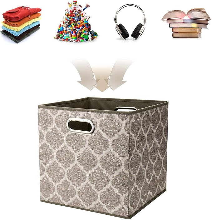 Cloth Storage Bins Set of 4 Thick Fabric Drawers Foldable Cubes Basket Organizer Container with Dual Metal Handles for Shelf Cabinet Bookcase Boxes Grey-Brown 13x13x13 inch